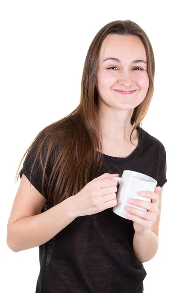 Positive Young Woman Holding Cup Tea — Stock Photo, Image