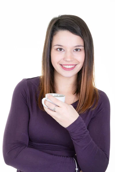 Happy Young Woman Holding Cup Tea — Stock Photo, Image