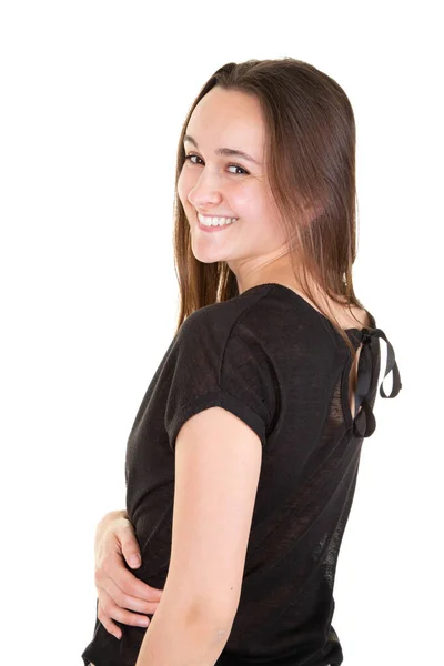 Jonge Vrouw Die Lacht Mode Zwarte Kleren Onder Witte Achtergrond — Stockfoto