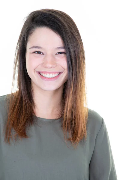 Jovem Alegre Menina Feliz Sorrindo Rindo Olhando Para Câmera Sobre — Fotografia de Stock