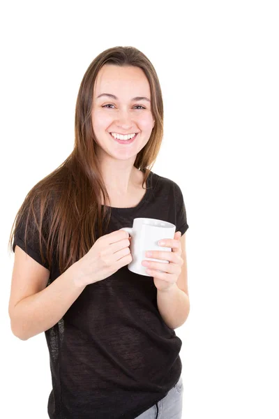 Portrait Young Woman Enjoy Warm Cozy Drink Big Blank White — Stock Photo, Image