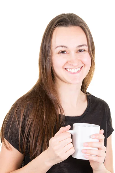 Mulher Com Xícara Café Sorrindo Fundo Branco — Fotografia de Stock