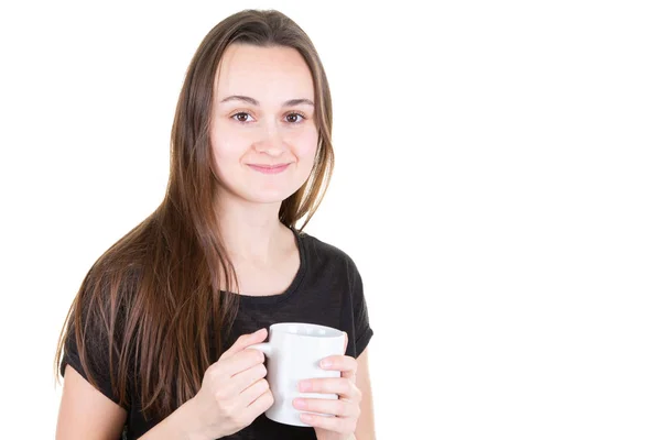 Femme Jeune Jolie Avec Une Tasse Café Blanc Côté Copie — Photo