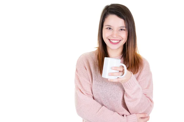 Beautiful Smiling Woman Mug Cup Tea White Background Coffee Advertisement — Stock Photo, Image