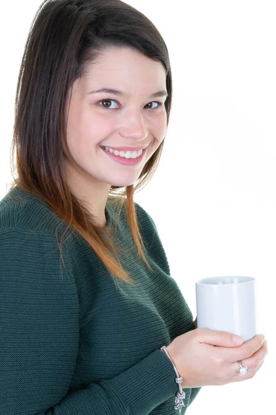 Erwachsene Frau Trinkt Tasse Tee Kaffee Isoliert Über Weißem Hintergrund — Stockfoto