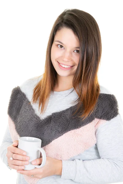 Winter Attractive Woman Poses White Cup — Stock Photo, Image
