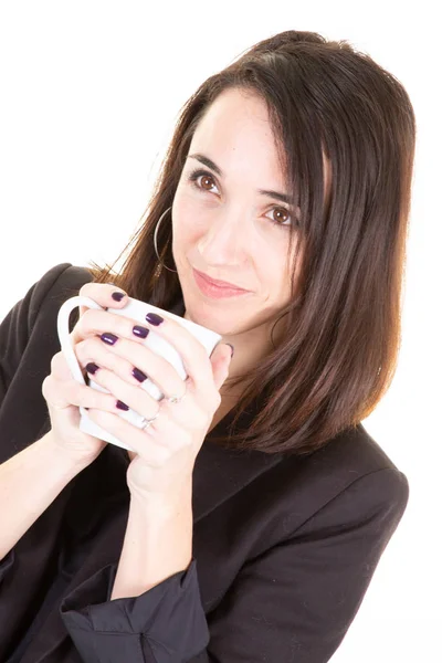 Mulher Pensamento Calmo Bonita Bebendo Café Quente Copo Caneca Branca — Fotografia de Stock