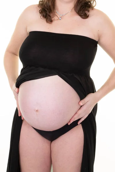 Femme Enceinte Avec Les Mains Sur Ventre Posant Caméra Pour — Photo