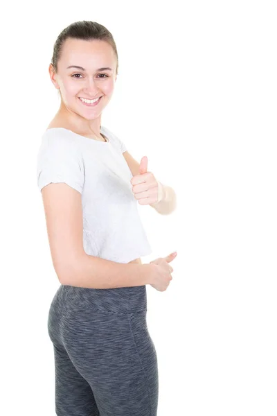 Magro Modelo Fitness Feminino Polegares Para Cima Estúdio Branco — Fotografia de Stock
