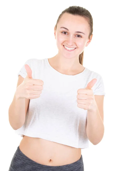 Happy Fitness Girl Thumb White Background — Stock Photo, Image