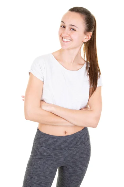 Mulher Fitness Exercício Pronto Para Treino Isolado Sobre Fundo Branco — Fotografia de Stock