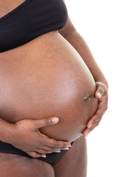 Embarazada Mujer Tocando Vientre American Africana Chica Negro —  Fotos de Stock