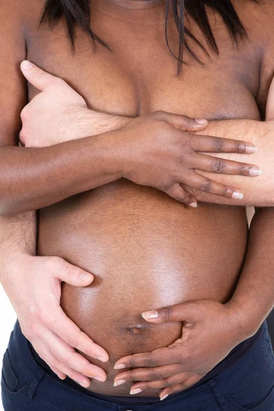 Šťastný Pár Interracial Africká Americká Ruce Paže Tělo Břicho — Stock fotografie
