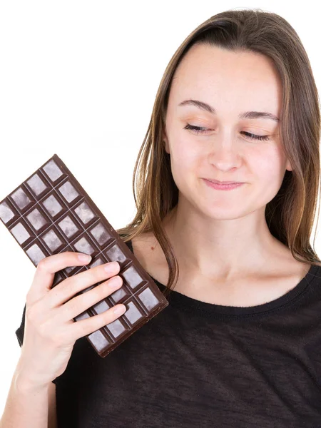 Portret Van Mooie Vrouw Houden Zoek Terug Chocolade Bar — Stockfoto