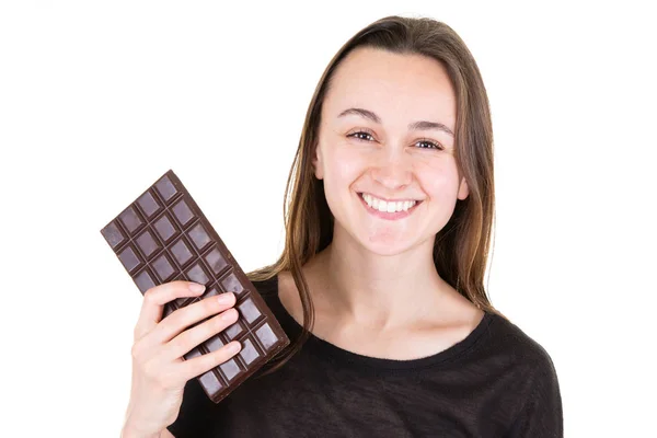 Mooi Lachende Meisje Houden Voor Het Eten Van Chocolade Geïsoleerd — Stockfoto