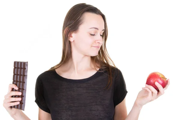 Maken Van Keuze Portret Van Peinzende Jonge Slanke Vrouw Kiezen — Stockfoto