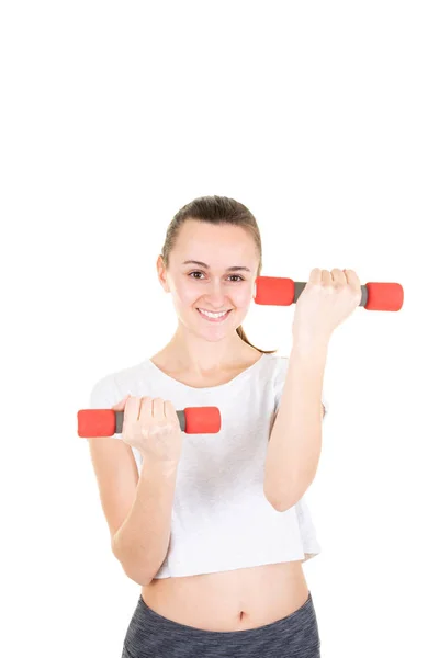 Bela Jovem Exercício Com Halteres Fundo Branco — Fotografia de Stock