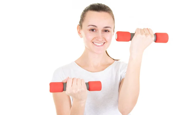 Hermosa Mujer Joven Ejercicio Con Mancuernas Sobre Fondo Blanco — Foto de Stock