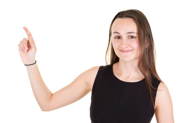 Retrato Estudio Mujer Joven Atractiva Apuntando Copyspace Lado Con Dedo — Foto de Stock
