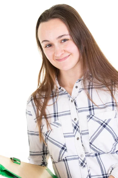 Fröhliche Junge Studentin Schaut Die Kamera Und Lächelt Isoliert Auf — Stockfoto