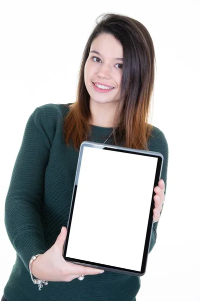 Mulher Com Tablet Tela Branco Suas Mãos — Fotografia de Stock