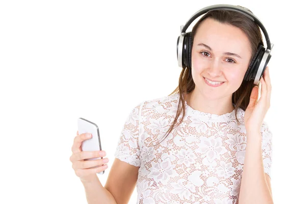 Νεαρή Γυναίκα Ευτυχής Ακούτε Μουσική Στο Κινητό — Φωτογραφία Αρχείου