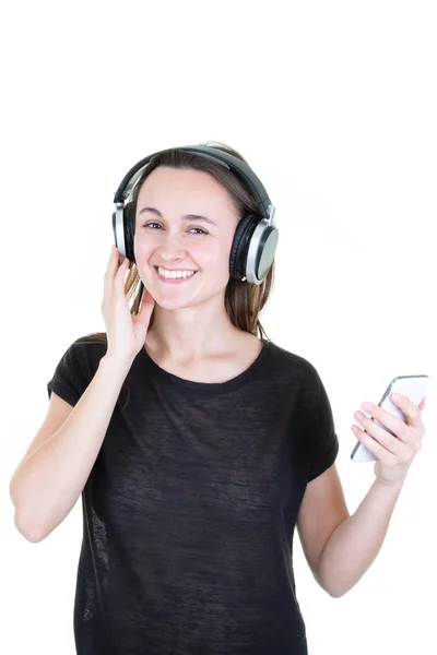 Chica Feliz Escuchando Música Con Auriculares — Foto de Stock