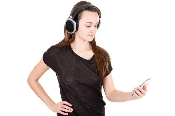 Mujer Viendo Vídeos Teléfono Inteligente Con Auriculares —  Fotos de Stock