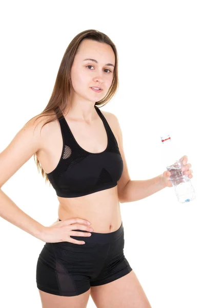 Meisje Drinkwater Uit Fles Het Uitvoeren Van Sport Sportschool — Stockfoto