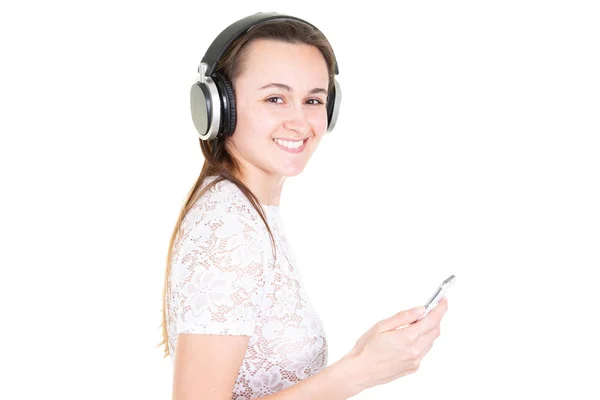 Junge Lächelnde Frau Mit Kopfhörer Und Handy — Stockfoto