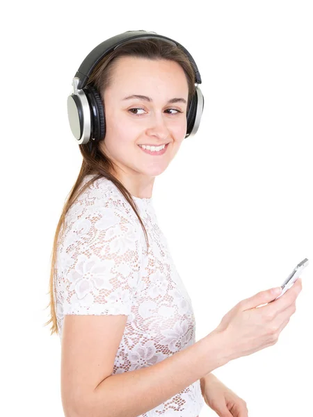 Belle Jeune Femme Dans Les Écouteurs Écoutant Musique Souriant Debout — Photo