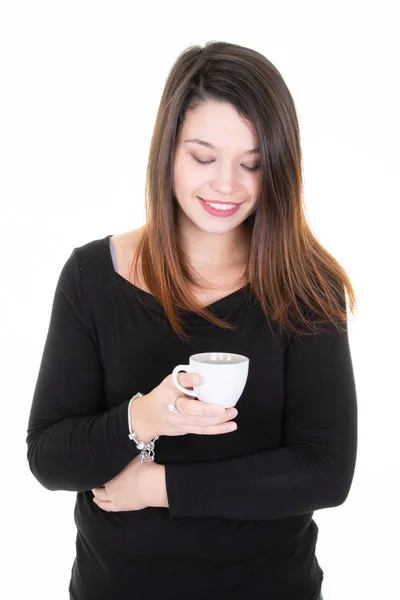 Mulher Respirando Segurando Uma Caneca Café Fundo Branco — Fotografia de Stock