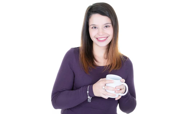 Belle Jeune Femme Souriante Avec Une Tasse Thé Café — Photo