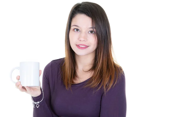 Jeune Femme Buvant Tasse Thé Café Isolé Sur Blanc — Photo