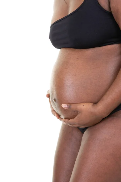 Embarazada Africana Americana Mujer Vientre Cuerpo Sobre Fondo Blanco Con —  Fotos de Stock