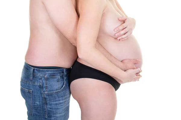 Couple Pregnant Woman Torso Man Relaxing Touching Belly Together — Stock Photo, Image