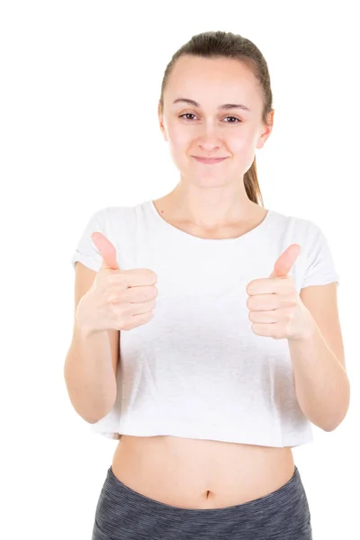 Ευτυχισμένη Νεαρή Γυναίκα Δίνει Αντίχειρες Επάνω Λευκό Φόντο — Φωτογραφία Αρχείου