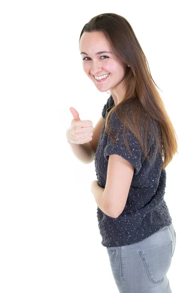 Concepto Satisfacción Para Joven Sonriente Con Los Pulgares Hacia Arriba —  Fotos de Stock