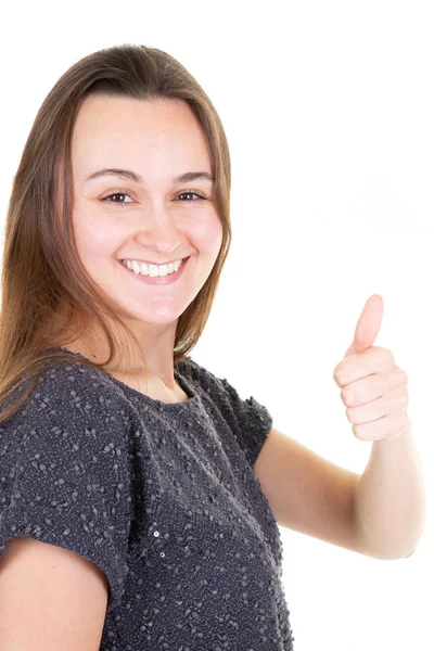 Gülümseyen Genç Kadın Baş Parmakları Kadar Için Memnuniyeti Kavramı — Stok fotoğraf
