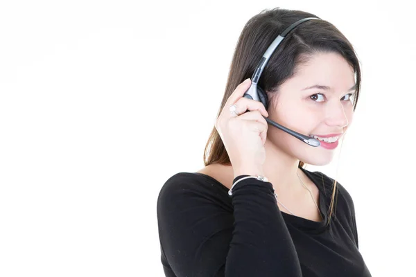 Jeune Femme Avec Casque Pour Répondre Appel Téléphonique Avec Espace — Photo