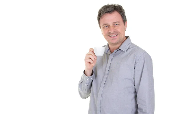 Pleasant Handsome Man Blue Shirt Drinking Holding Cup Coffee Smiling — Stock Photo, Image