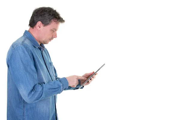 Hipster Man Using Typing Touch Screen Tablet Modern White Wall — Stock Photo, Image