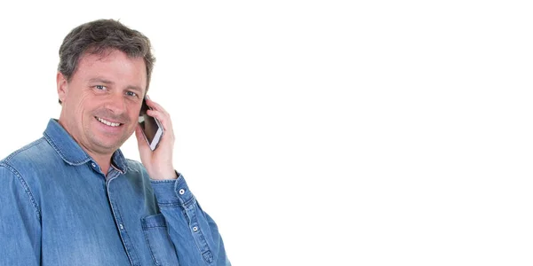 Schöner Mann Hört Auf Smartphone Auf Weißem Hintergrund Mit Seitlich — Stockfoto