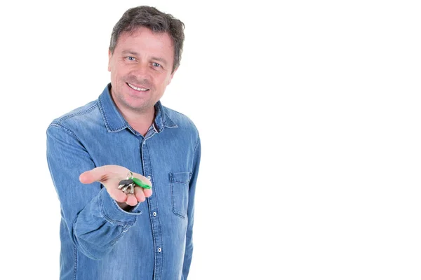 Hombre Guapo Feliz Con Las Llaves Los Nuevos Apartamentos Con —  Fotos de Stock