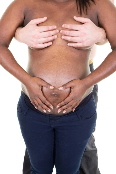 Hamile Kadın Siyah Göbek Birlikte Bir Çift Afrika Karışık Yarış — Stok fotoğraf