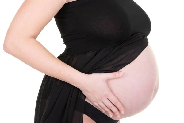 Jonge Buik Profiel Zwangere Vrouw Witte Achtergrond — Stockfoto