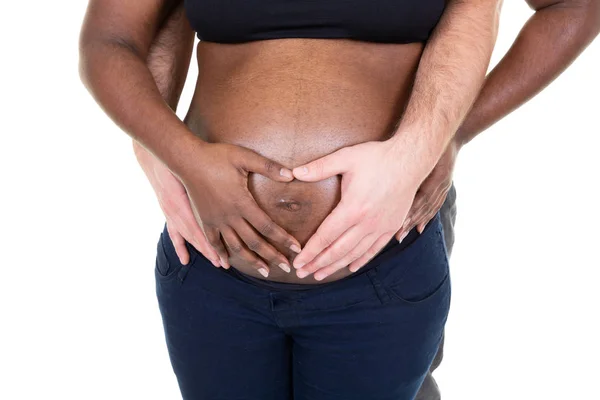 Embarazada Mujer Vientre Interracial Amor Blanco Caucásico Africano Manos —  Fotos de Stock