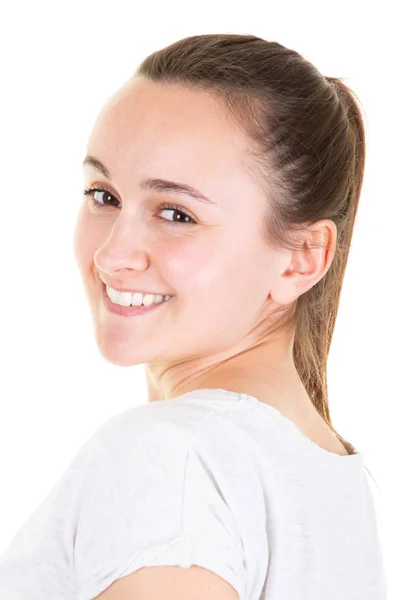 Junge Hübsche Frau Vor Weißem Hintergrund Lächelnd Glücklich — Stockfoto