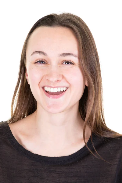 Portrait Young Pretty Positive Girl Smiling Laughing Looking Camera White — Stock Photo, Image