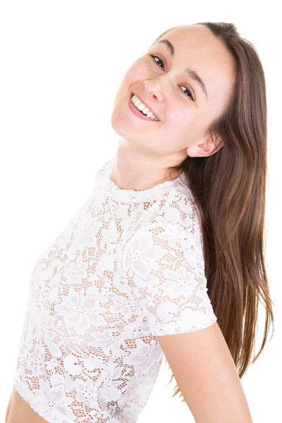 Belleza Ajuste Mujer Joven Delgada Con Sonrisa Blanca Fondo Blanco —  Fotos de Stock